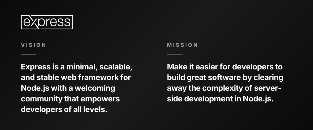 Visión y misión de Express: Express es un framework web minimalista, escalable y estable para Node.js con una comunidad acogedora que empodera a desarrolladores de todos los niveles. Nuestra misión es facilitar a los desarrolladores la creación de excelente software eliminando la complejidad del desarrollo del lado del servidor en Node.js.